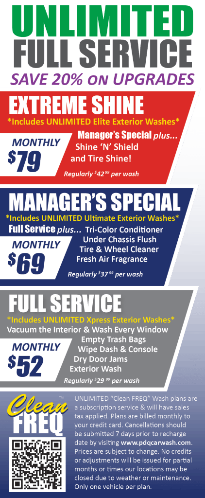 PDQ Car Wash Unlimited Full Service Wash Plans with pricing and service details.