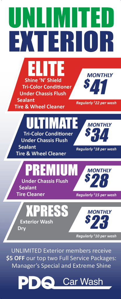PDQ Car Wash Unlimited Exterior Wash Plans with pricing and service details.