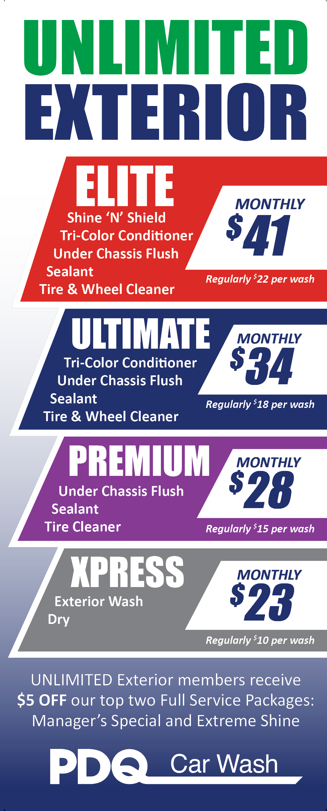 PDQ Car Wash Unlimited Exterior Wash Plans with pricing and service details.