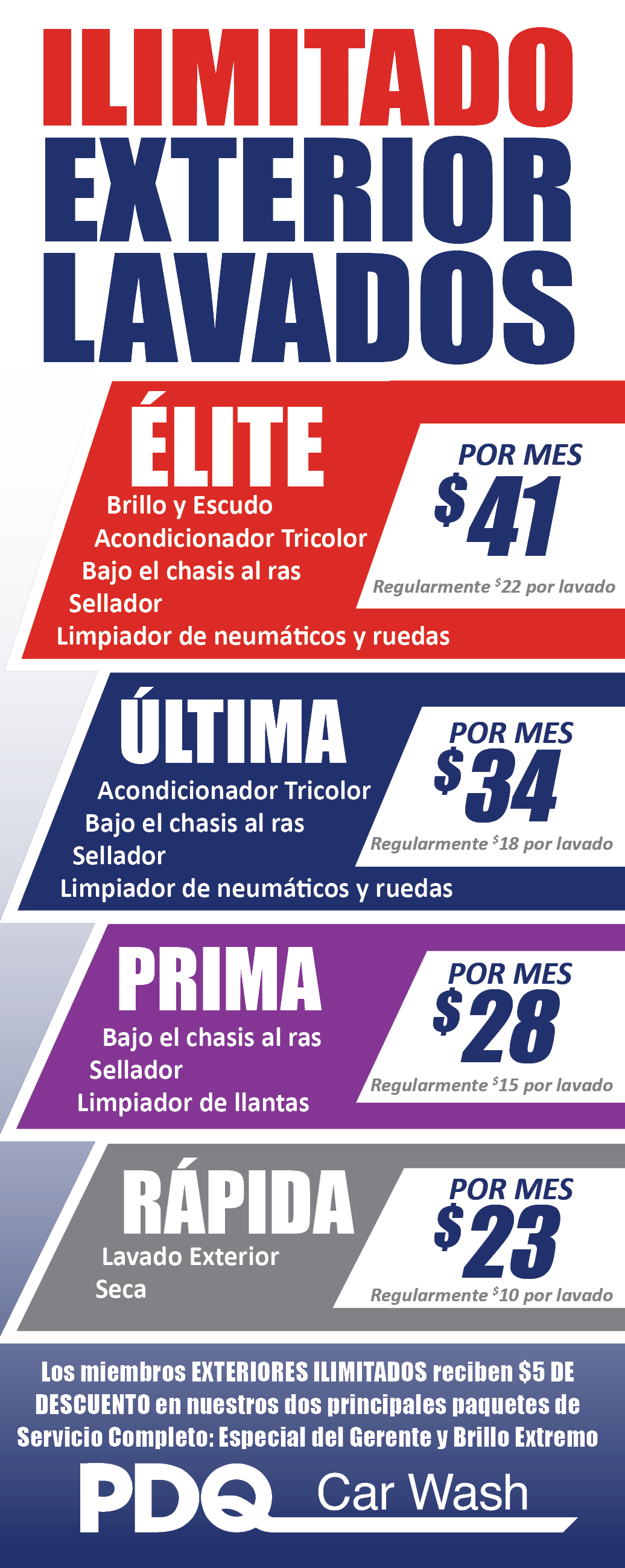 Planes de Lavado Exterior Ilimitados de PDQ Car Wash con precios y detalles del servicio.